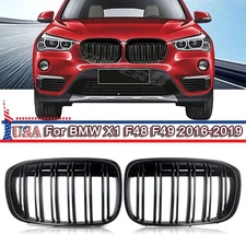 Dual Slats Front Bumper Kidney Grille For BMW X1 F48 F49 2016-2019 Shiny Black