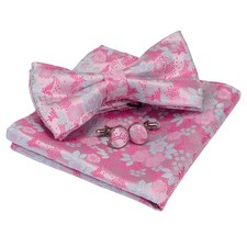 Mens Plaid Floral Jacquard Adjustable Pre Tied Bow Tie Pocket Square Set Box