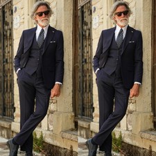 Navy Blue Business Men's Suits Peak Lapel Jacket 3Pcs Business Formal Tuxedos