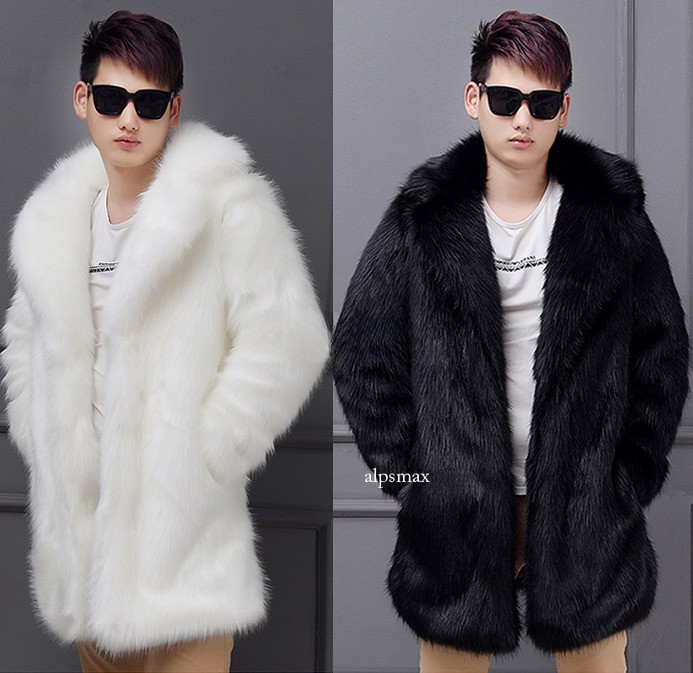 Mens Faux Fur Mid Long Coat Parka Overcoat Jacket Lapel Collar Winter Casual