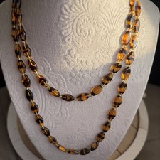 VTG Bohemian Rhomboid/ Bicone Glass Bead Necklace Amber Tone Black Stripes 35”