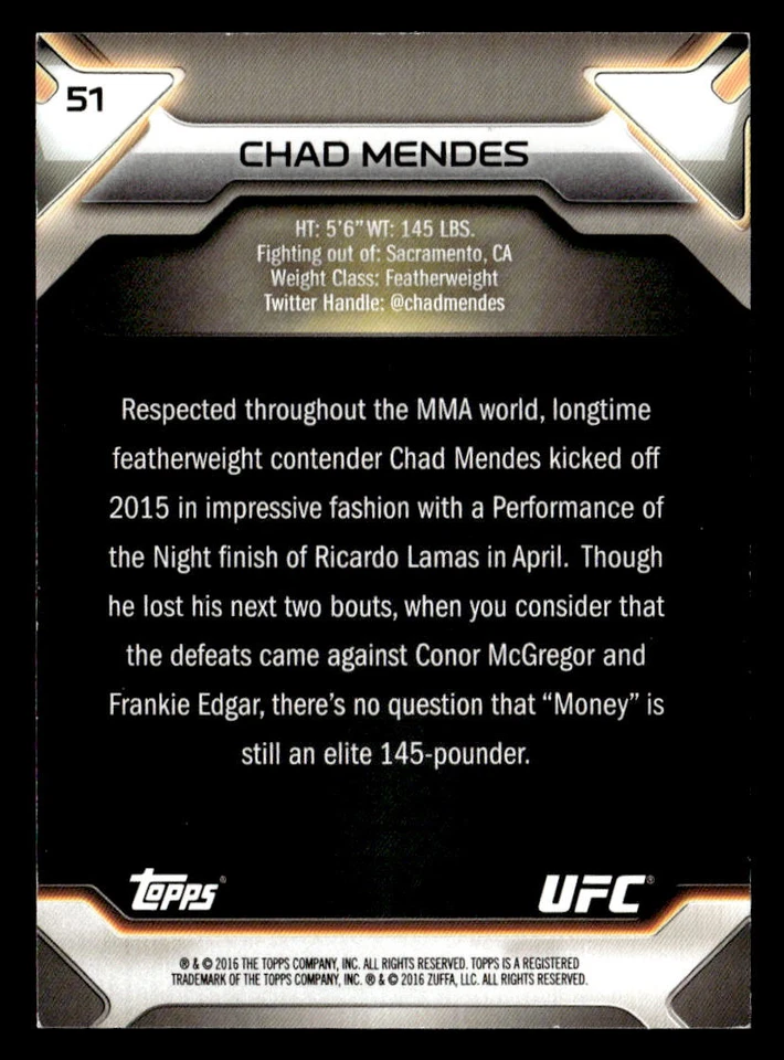 2016 Topps UFC Knockout #51 Chad Mendes Gold - Image 2 of 2