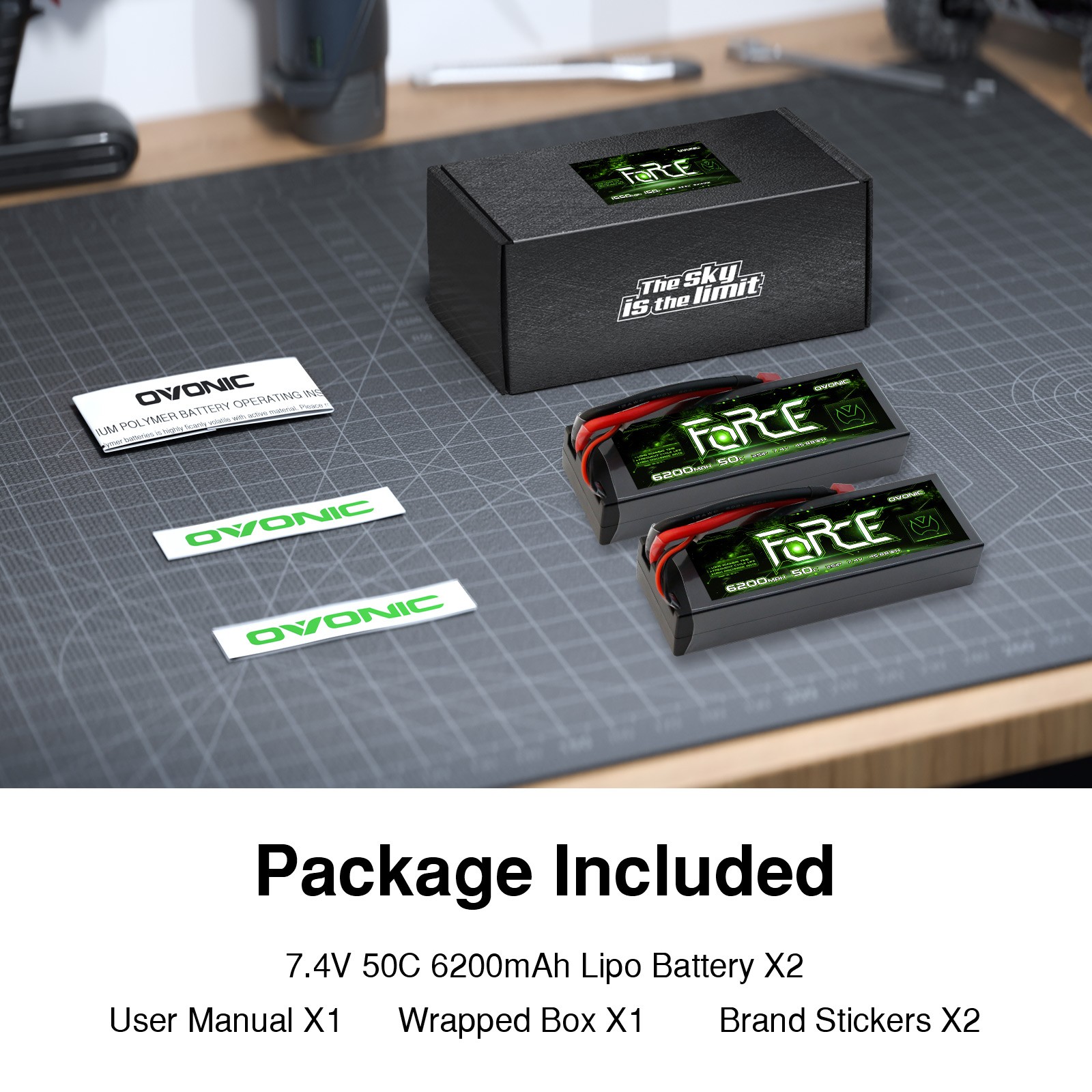 2X Ovonic Force 2S 6200mAh 50C 7.4V Hardcase LiPo Battery Deans For 1/10 RC Car