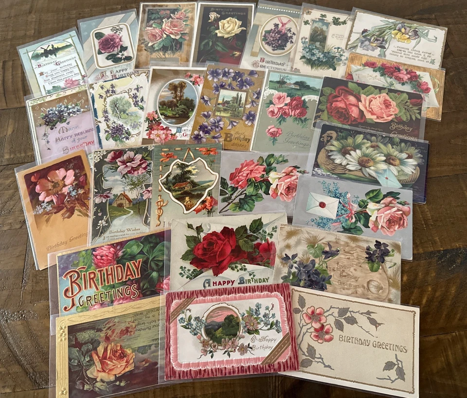 Bonitas ~Lote de 25 Antiguas~ CUMPLEAÑOS~Postales de Felicitación con Rosas y Flores~k439 Foto 3 de 3