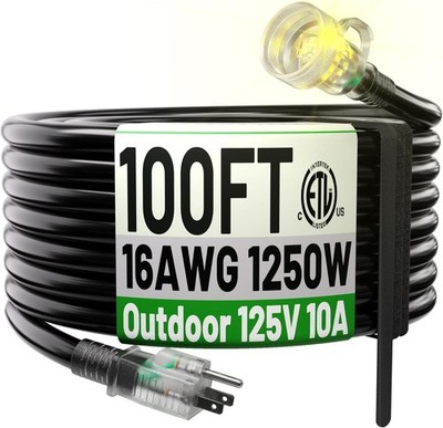 100ft Power Outdoor Extension Cord & Indoor - Waterproof Electric Drop Cord