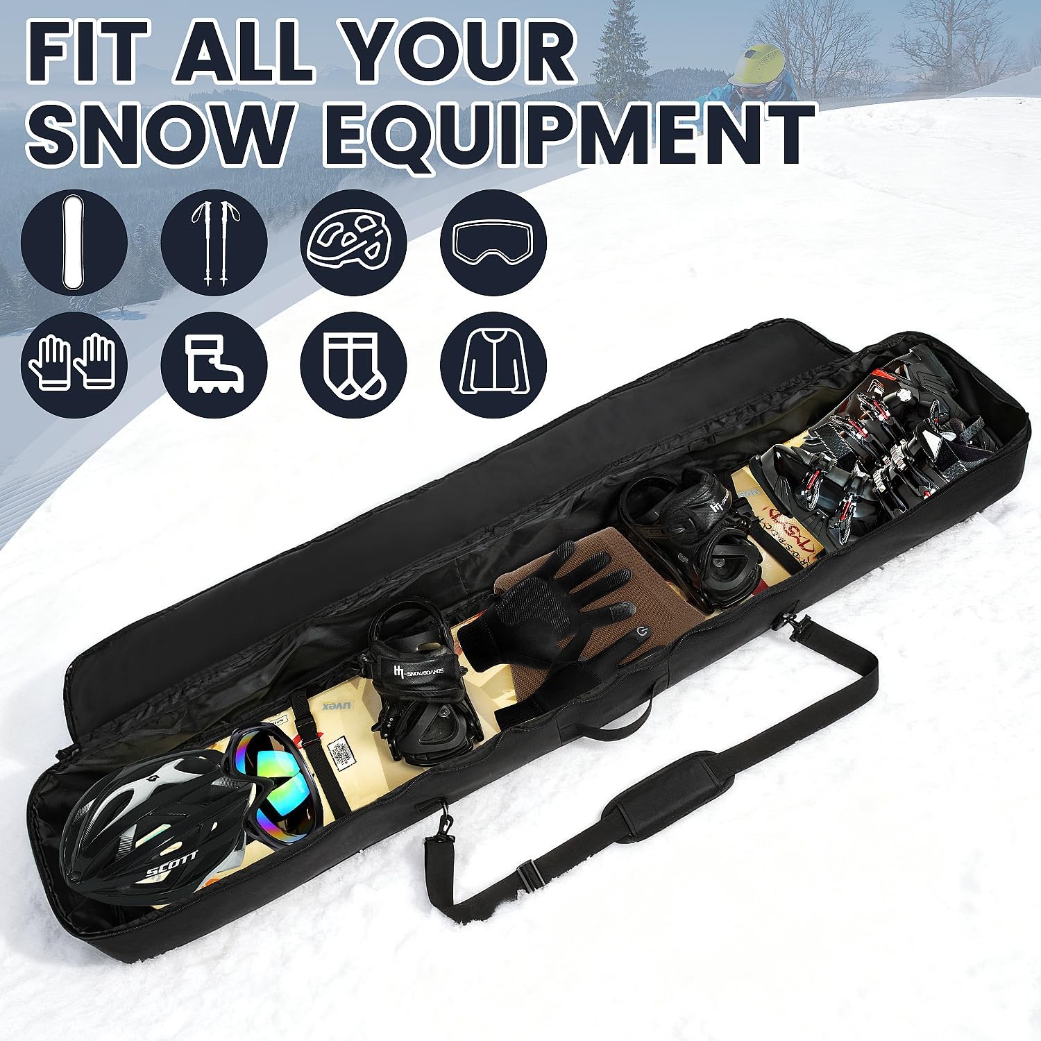 Snowboard Bag 155cm 165cm Reinforced Padded Travel Gear with Goggles & Gloves