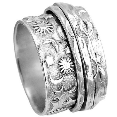 Jewelers Stainless Steel Hammered Sun Moon Star Rotating Spinner Statement Ba...