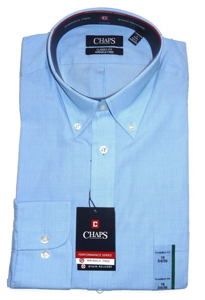 Chaps Mens Dress Shirt Classic Fit Wrinkle-Free Button-Down Long Sleeves  Blue