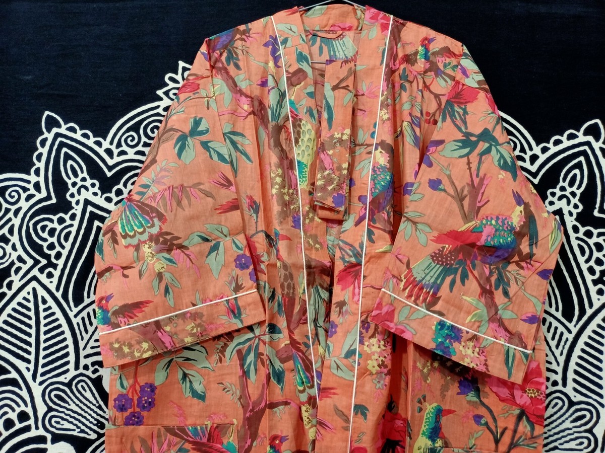 Kimono Abito Da Notte In Cotone Indiano – Lungo, Stampa Uccellino, Vestaglia Donna – Fatto A Mano