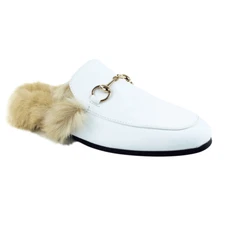 Mens White Backless Slip On Real Leather Fur Gold Buckle Loafers Shoes ÃZARMAN