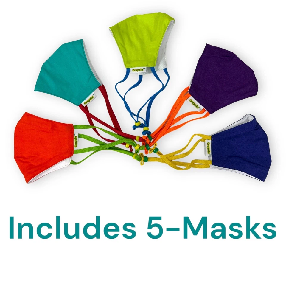 Crayola Juego de 5 mascarillas faciales de tela reutilizables para niños máscaras multicolores y bolsa de lavado de malla Foto 3 de 4