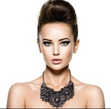 Faux Black Marbled Bib Necklace Matching Earring Set
