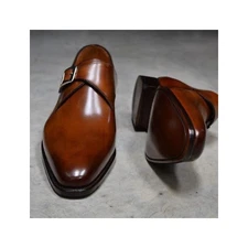 Turkish Handmade brown leather monk strap shoes, Slip on Men's Formal Dress Shoe