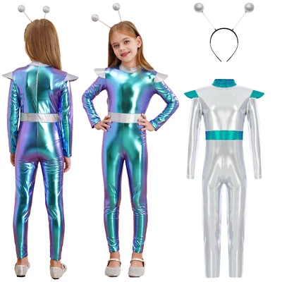 MARKENLOS DE Freebily Mädchen Alien Kostüm Overall Jumpsuit Space Bodysuit Halloween