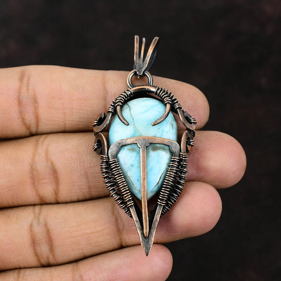 Joyería de piedras preciosas Larimar regalo de cobre para madre alambre envuelto colgante 2,56" Foto 2 de 4