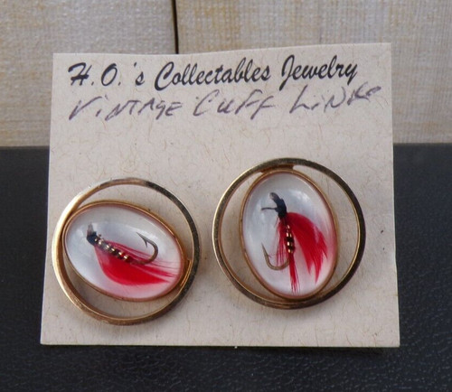 Vintage Gold tone red Fly Fishing Lure Bullet Back Men’s Cufflinks