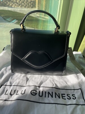 LULU GUINNESS UK Black Patent Mini Izzy Lip Clutch/Cross Body Purse Pristine NWT