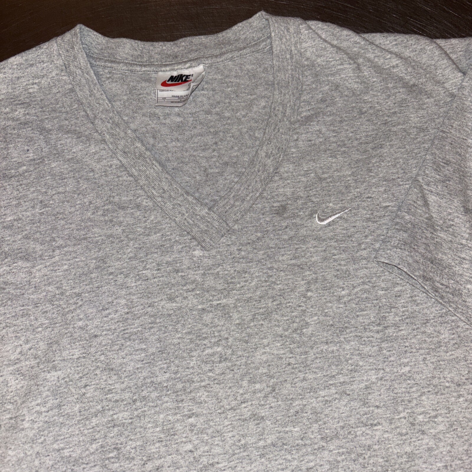 VTG 90s Nike Gray V-Neck T-Shirt Embroidered White Swoosh Mens Large Made in USA