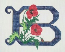 DELUXE needlepoint HP canvas Initial B with Poppies 18mesh Interlock 6.75"x5.5"