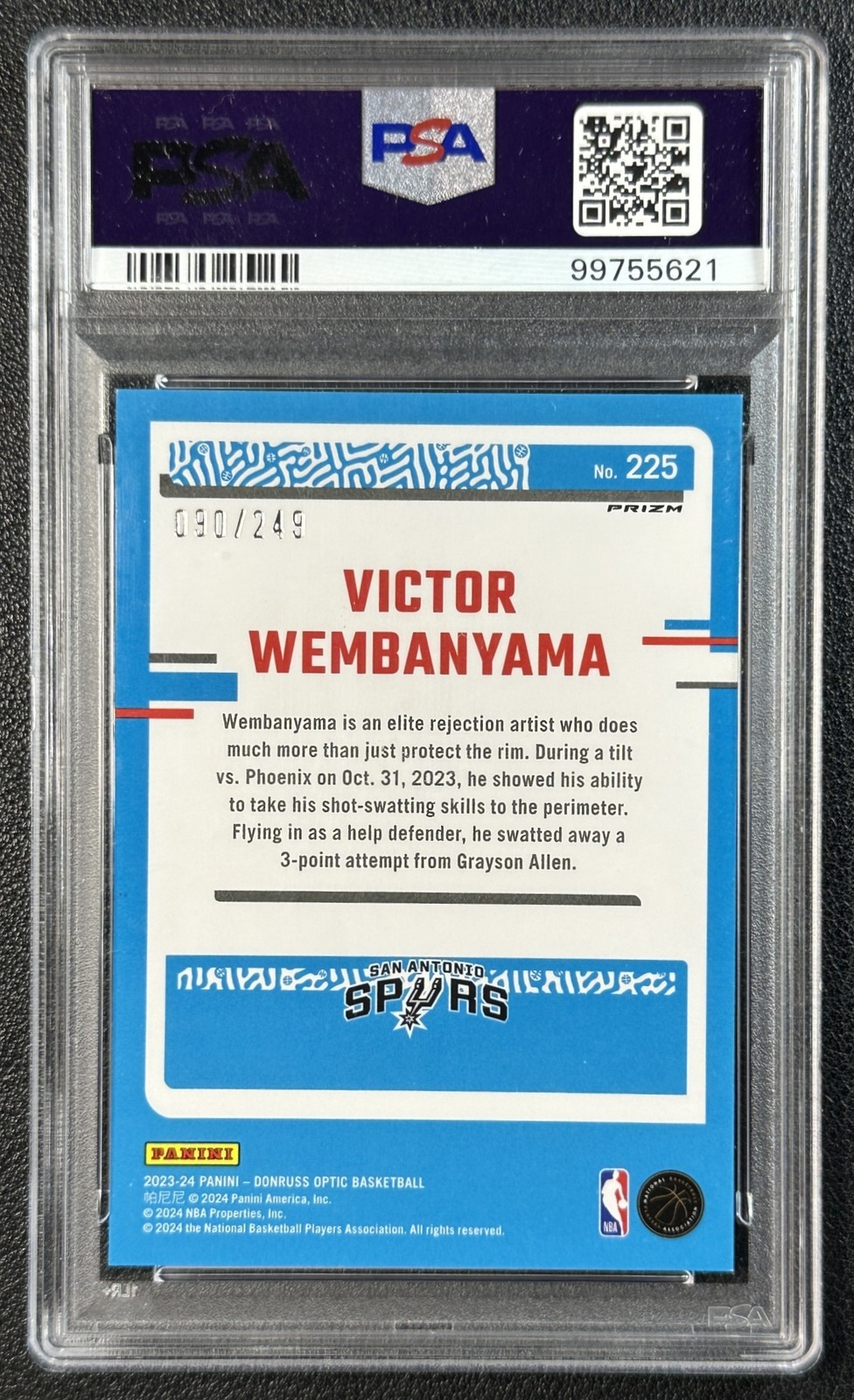 VICTOR WEMBANYAMA PSA 9 2023 DONRUSS OPTIC #225 AQUA PRIZM ROOKIE RC 90/249 view 2