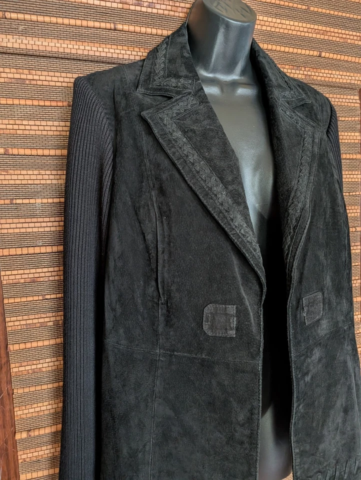 Chaqueta Suéter De Colección Y2K Para Mujer L/XL Negra Gamuza Cuero Punto Abierto Foto 2 de 4