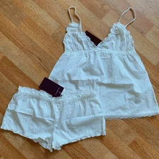 Brandy Melville White Set Lace Tank Top Cami & Bow Ruffle Pajama Shorts Cotton