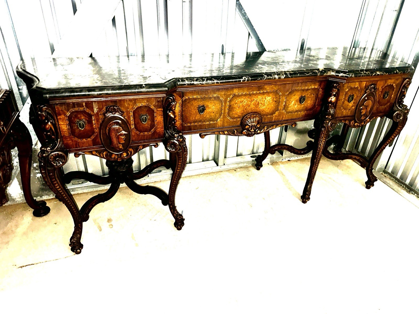 Antique Estate Walnut Black White Vein Marble Top Figural Sideboard Server