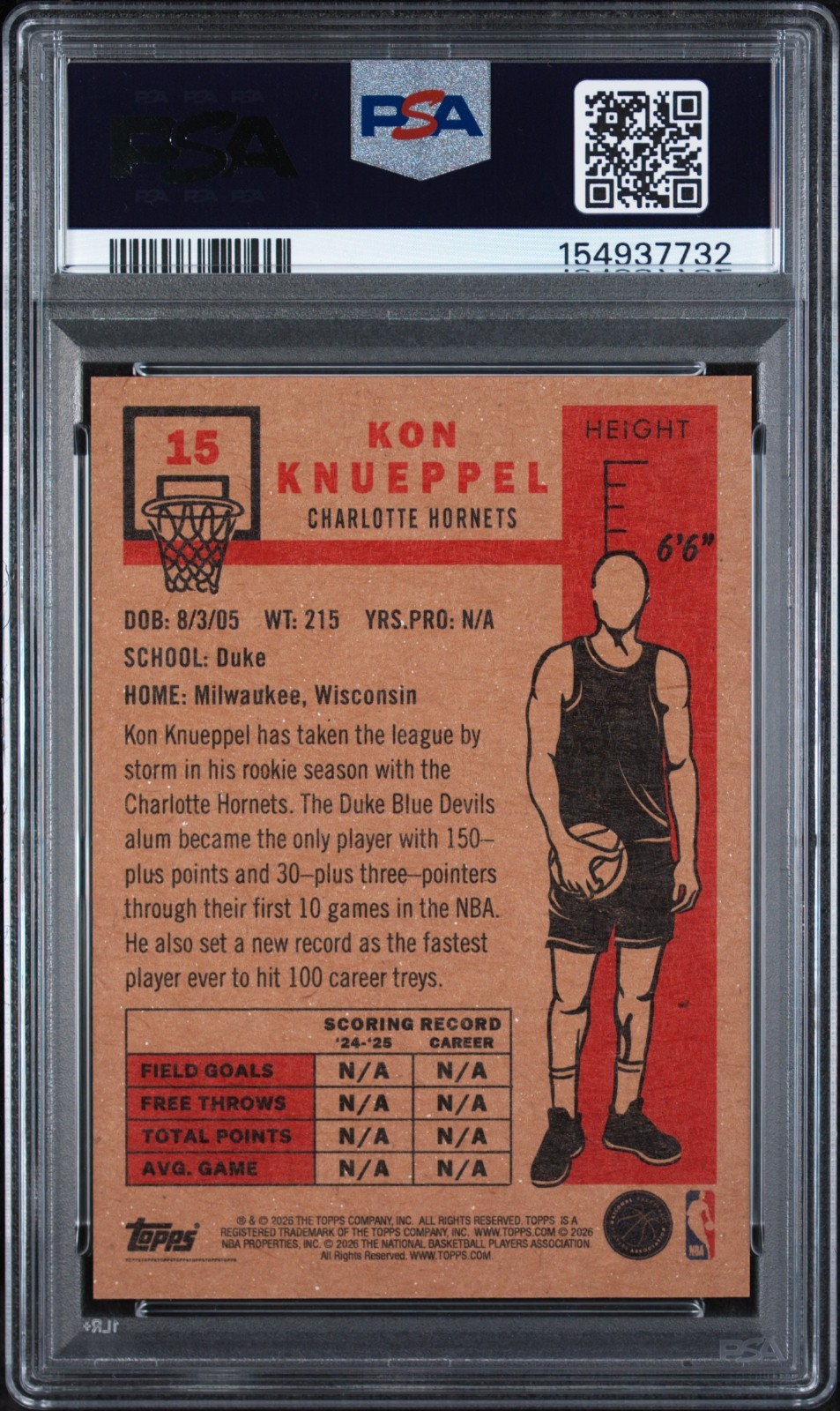 2025-26 Topps Living Kon Knueppel RC Rookie #15 Hornets PSA 10 Gem Mint view 2