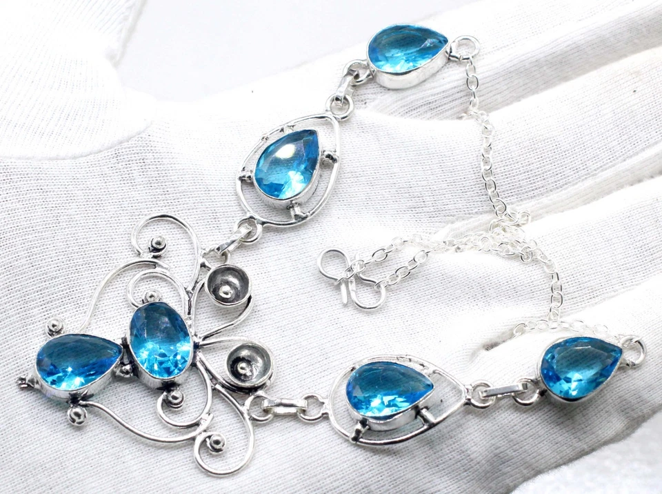 Swiss Blue Topaz Gemstone 925 Sterling Silver Jewelry Necklace Size-17-18" - Image 3 of 4