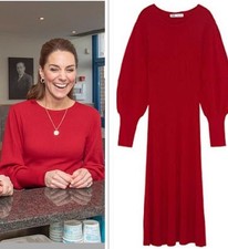 BNWT ZARA WOMAN RED RIBBED KNIT JUMPER PUFF SLEEVE DRESS ASO Kate Middleton L 
