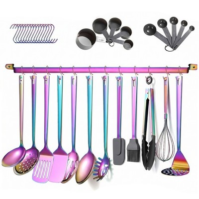 37-Piece Rainbow Titanium Stainless Steel Kitchen Cooking Utensil Set with Rack