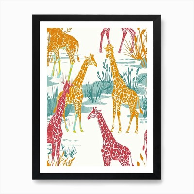 Gerahmtes Wandbild Poster Leinwanddruck Bild Giraffe blau senfrot Aquarell