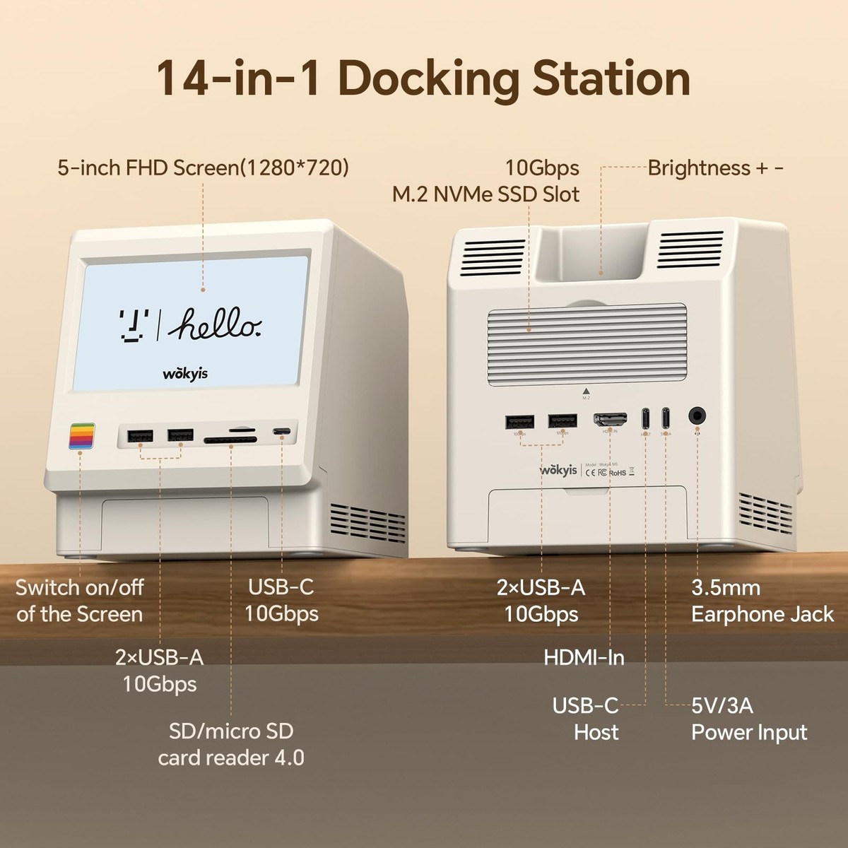 Wokyis M5 Retro Dock Station for Mac mini M4, 5'inch HD Display