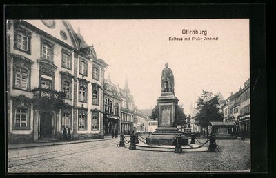 Offenburg, Rathaus mit Drake-Denkmal, Ansichtskarte 