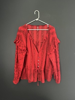 Free People Boho Ruffle Peasant Blouse | XL | 100% Cotton | 3/4 Sleeve Tie Front