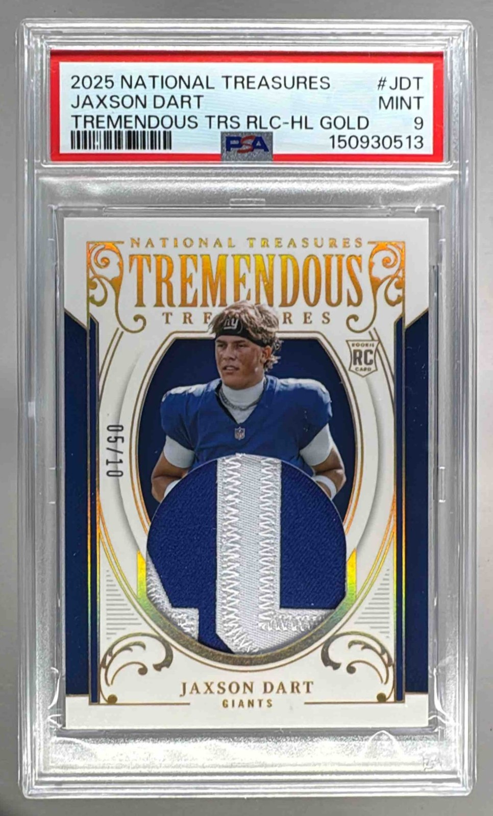 Jaxson Dart Panini National Treasures Tremendous Treasures Relic #JDT Holo Gold