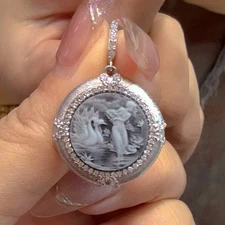 925 sterling silver gray Agate Cameo vintage jewelry Pendant estate jewelry
