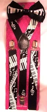 Black White MUSICAL NOTES PIANO KEYS Suspenders + Piano Keys Bowtie Bow Tie