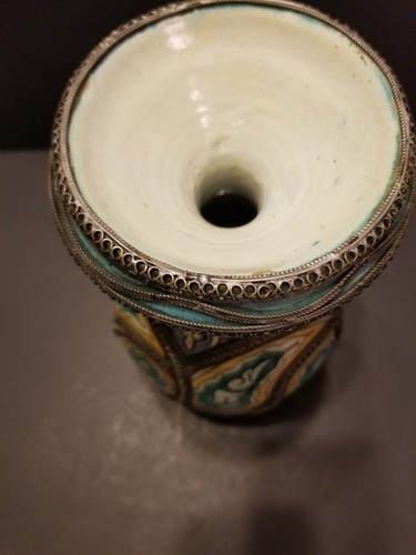 Old Moroccan Vase Majolica Silver Filigree Signed Vase Approx 11" YinYang Design - Picture 13 of 15
