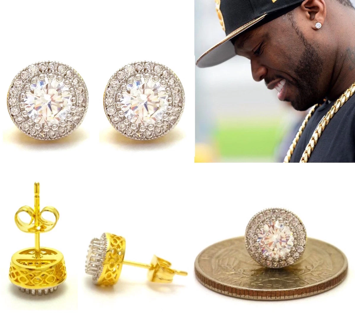 MENS 18K ROUND YELLOW GOLD FINISH LAB DIAMOND SCREW BACK HIP HOP STUD  EARRINGS