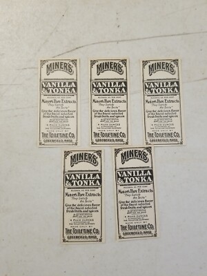 Lot Of 5. The Toiletine Co Miner's Vanilla & Tonka Flavor Label Greenfield, Mass