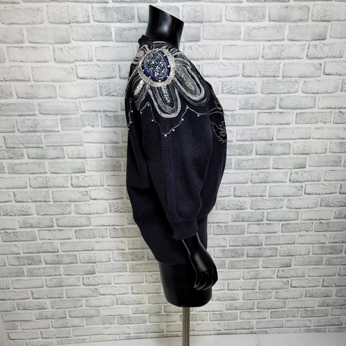 Maglione vintage anni 80 Bonnie Boer & Co donna L nero perline maglia floreale - Foto 8 di 10