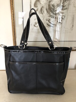 Coach Large Black Leather & Patent Tote Bag Blue Liner Nice! | eBay