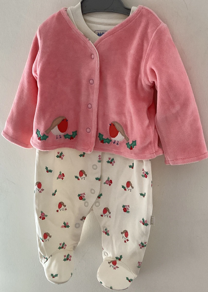 Jojo Maman 3-6 Months ~ 2 Piece Christmas Ivory Robin Sleepsuit