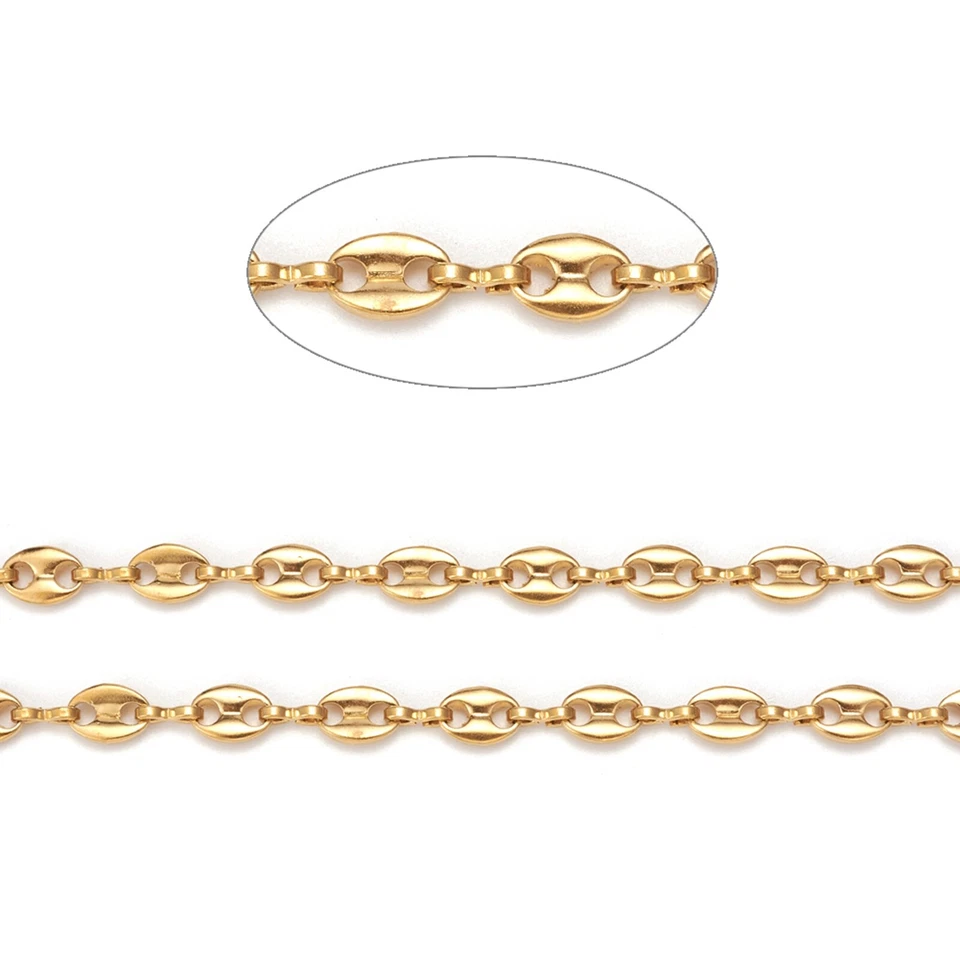 10M/Roll Golden 304 Stainless Steel Coffee Bean Chains with Spool 7.3x5.2x1.4mm - Image 2 of 4