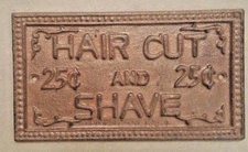 Haircut and Shave Sign Plaque made of cast iron metal with rustic brown finish