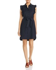 New! T TAHARI ~Size 14~ Abba Pinstripe Ruffle-Trim Shirt Dress Blue Retail $128