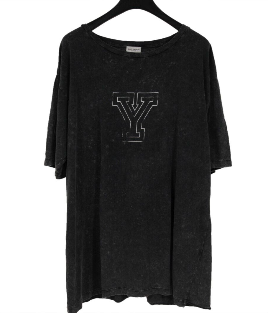 T shirt uomo Saint Laurent logo Y University taglia grande grigio lavaggio acido cotone