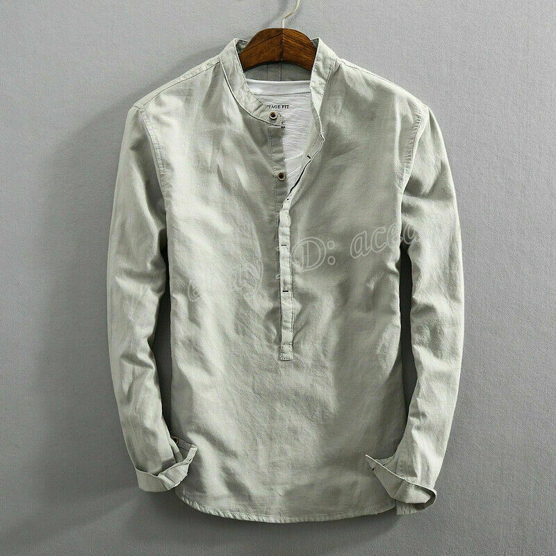 Cotton Linen Mens Shirts Long Sleeve 