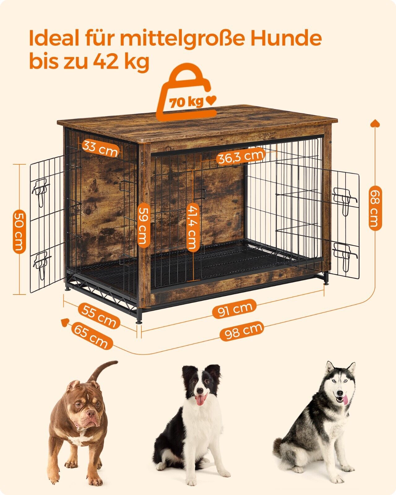 Hundekäfig Hundebox, mit herausnehmbarem Tablett, 2 Türen für Hunde bis zu 42 kg